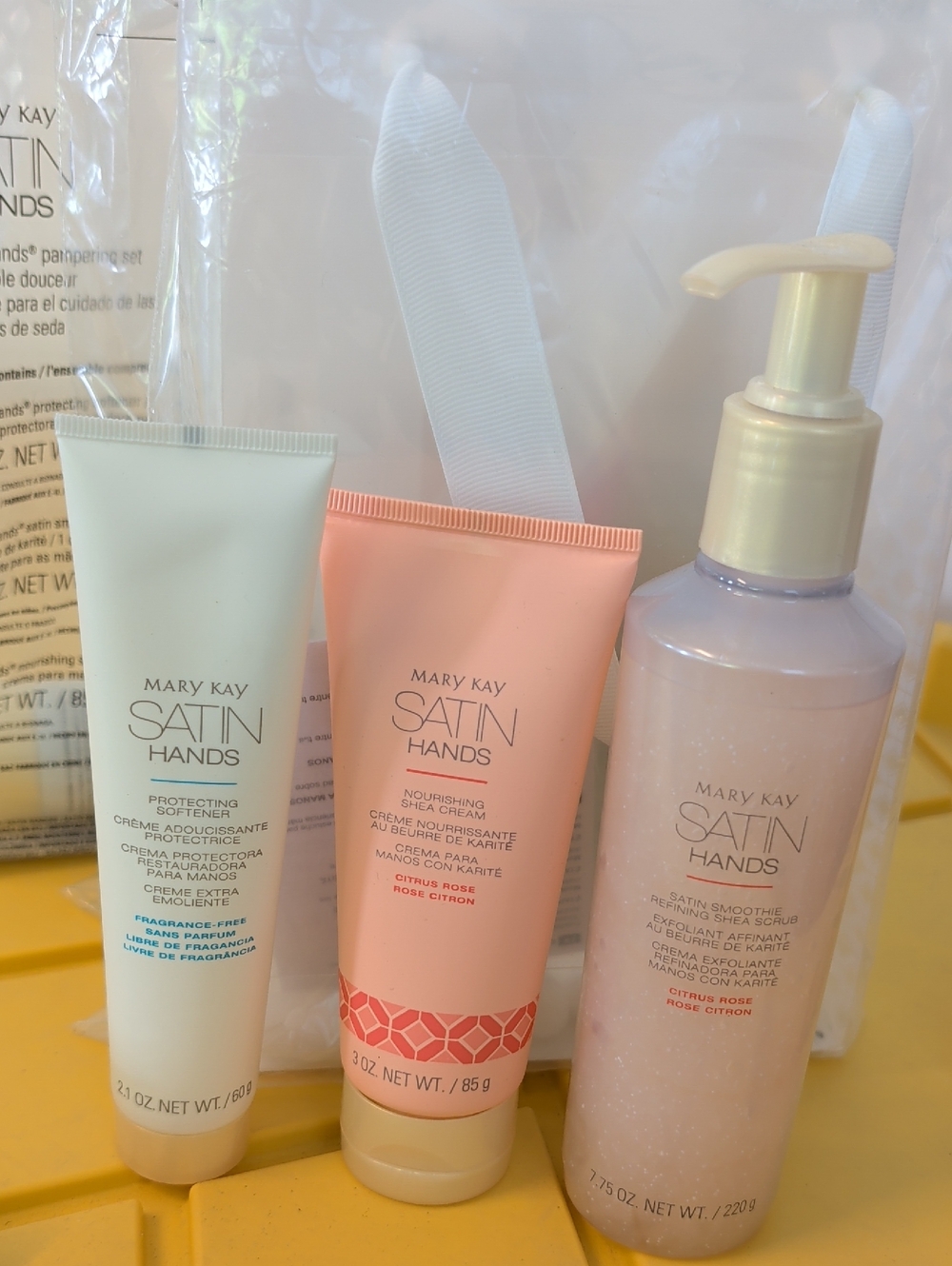 Mary Kay Satin Hands Trio — White, Peach, Light Pink